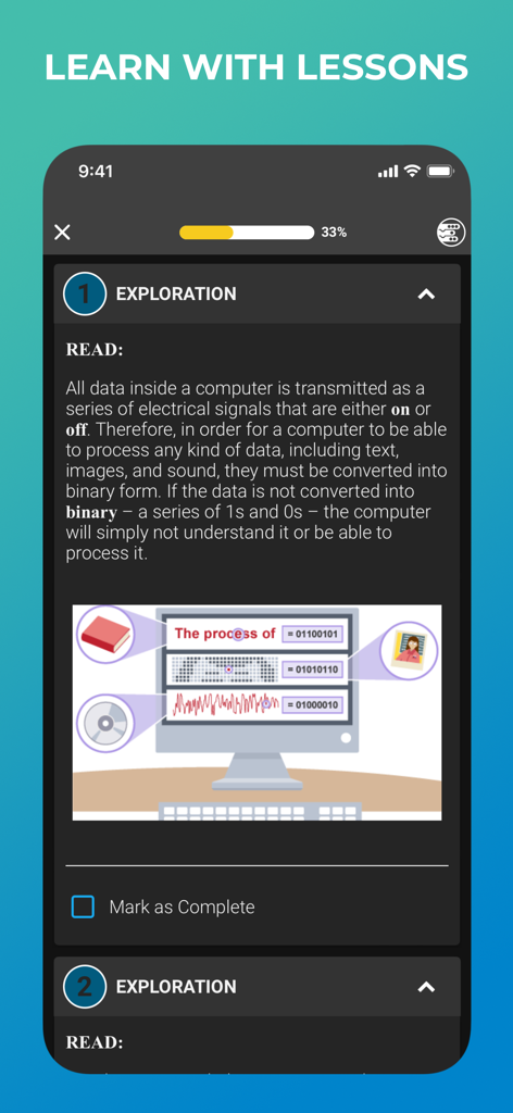 Sphero Edu - Una lección de STEM en la aplicación Sphero Edu que explica el código binario con ilustraciones de conversión de texto y medios