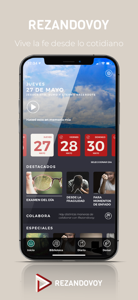 Rezandovoy - Rezandovoy mobile app interface showing daily prayer and meditation topics in Spanish