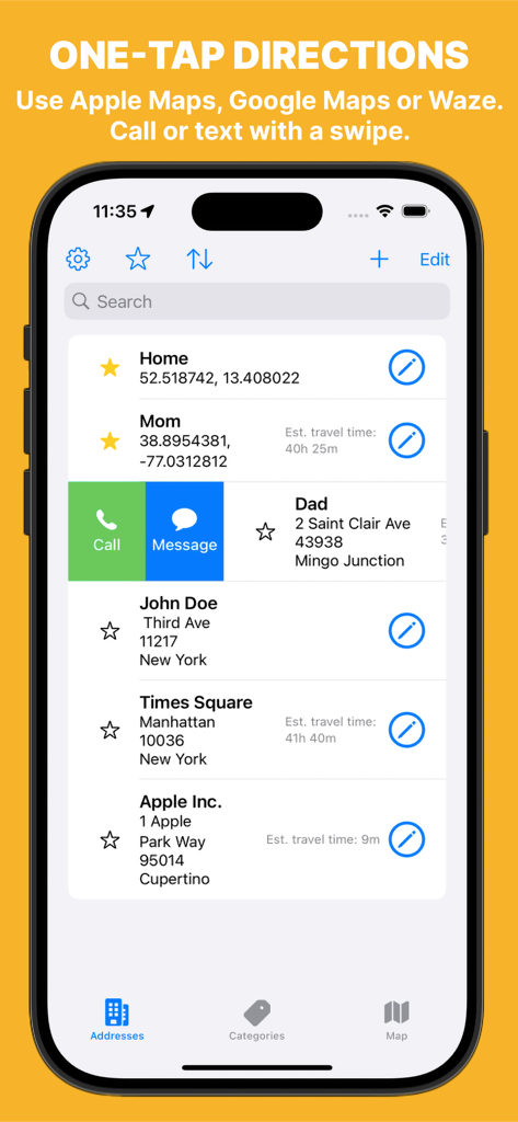 Maps Address Book - A screenshot of the Maps Address Book app showing a list of saved addresses with a swipe gesture revealing call and message options
