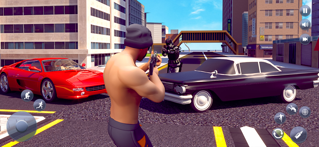 Un personaje gángster sin camisa apuntando con un rifle en una calle de la ciudad con coches deportivos durante una misión