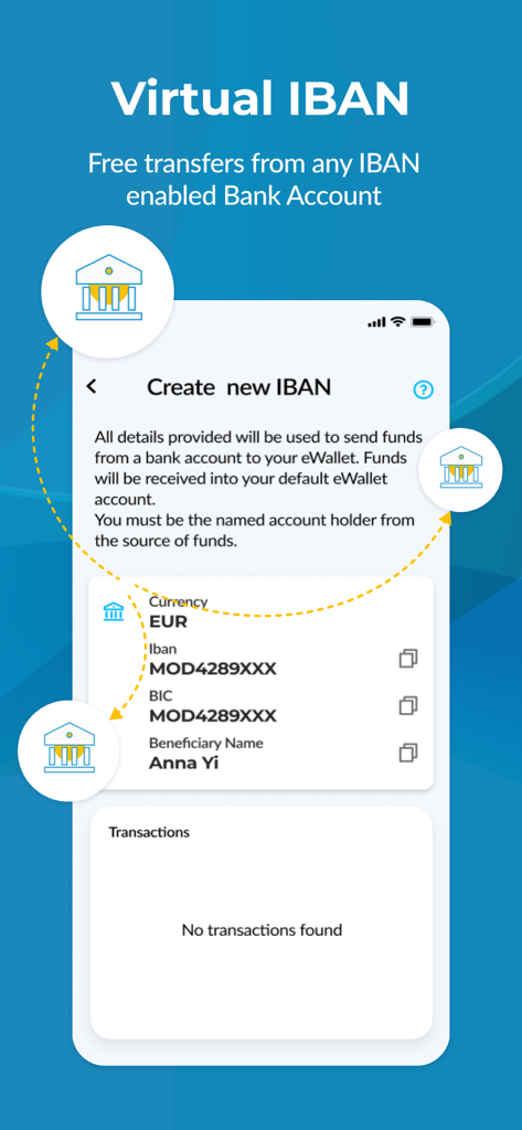 Interfaz de la aplicación MiFinity mostrando la pantalla de creación de IBAN Virtual para transferencias de divisas internacionales