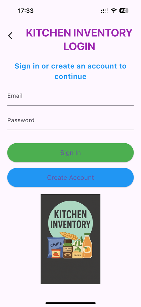 KITCHEN INVENTORY - Kitchen Inventory app login screen with email and password fields and sign in buttons