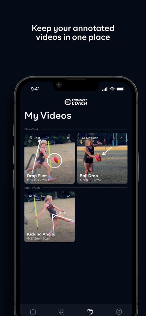Enhanced Coach - A library of annotated sports training videos within the Enhanced Coach app showing technical analysis and drawings.