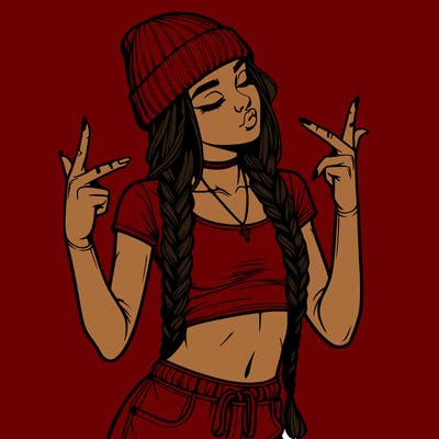 realistic teenage girl with braids and a beanie and crop top doing 🫶🏼