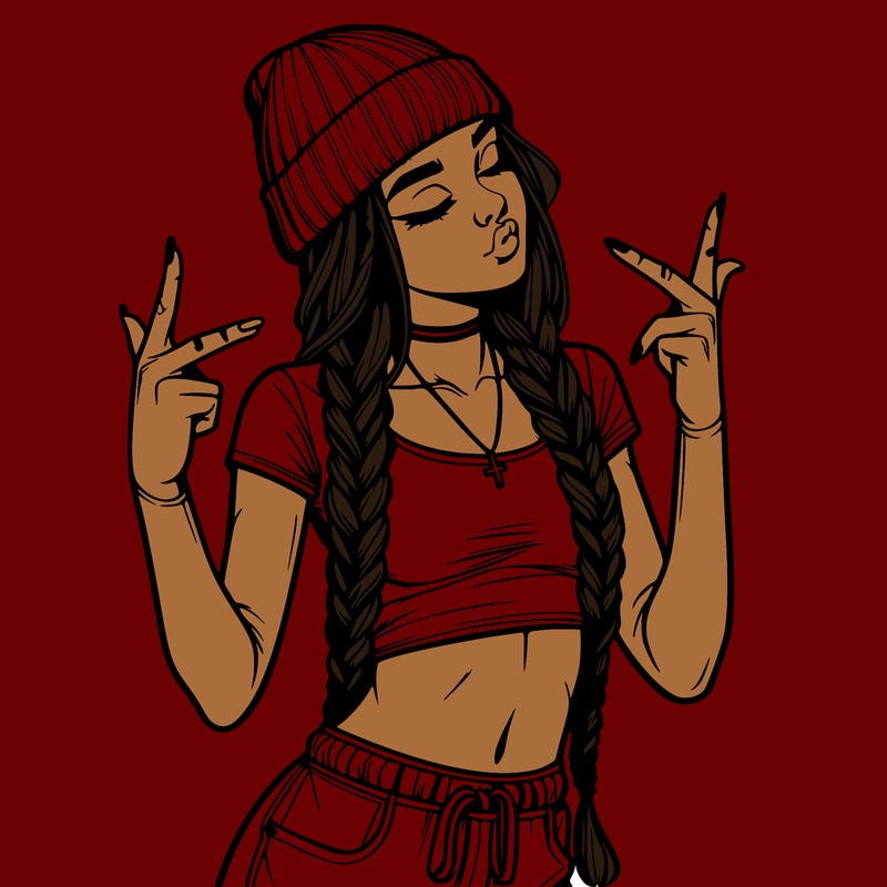 realistic teenage girl with braids and a beanie and crop top doing 🫶🏼