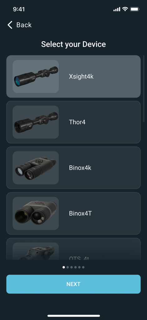 ATN Obsidian 4 - Device selection menu in the ATN Obsidian 4 app showing compatible smart scopes and binoculars