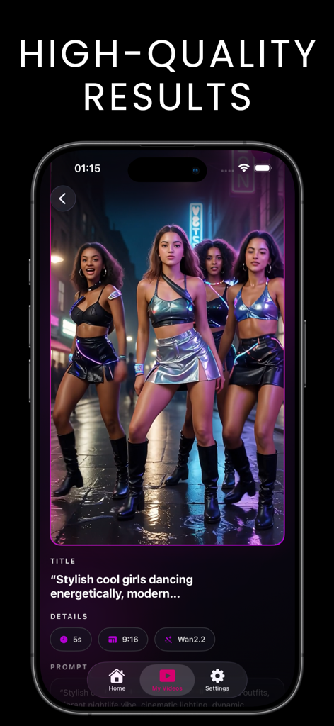 Mobile app interface of AI Video Generator VIORA showing a high-quality video result of women dancing in a neon city.