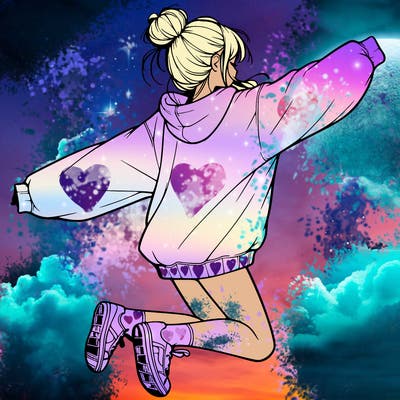 realistic girl jumping with a bun and oversized sweatshirt