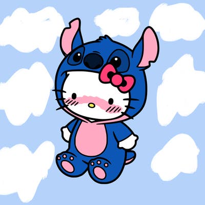 little cute hello kitty, blushing with little stitch costume