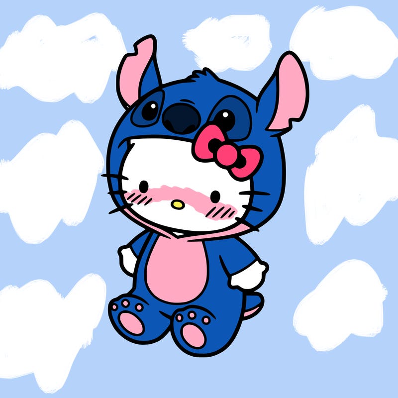 little cute hello kitty, blushing with little stitch costume