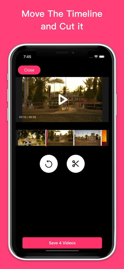動画トリムアプリのモバイルインターフェース。動画タイムラインと、クリップのカットおよび分割ツールを表示。
