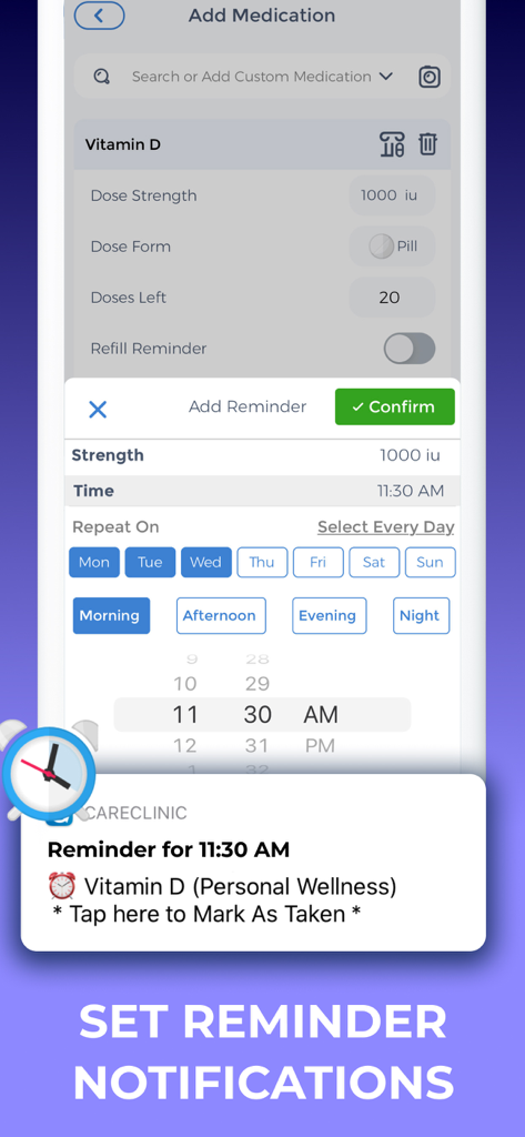Pill Reminder & Tracker App - Screenshot of the Pill Reminder app showing how to set a medication reminder notification for Vitamin D