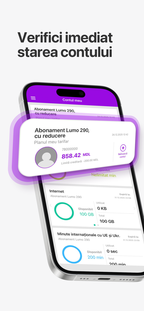 my moldcell - Mobile app interface of my moldcell showing account balance and data usage details