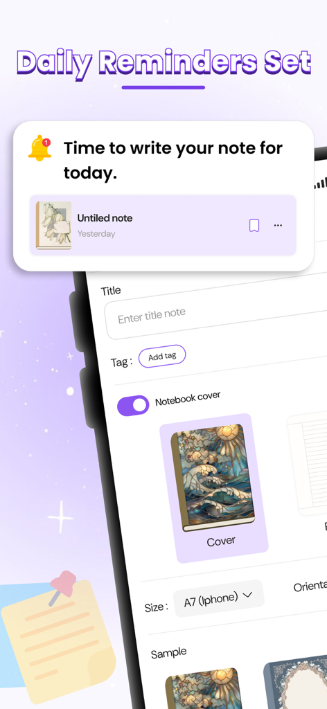 Scribly: Easy Note Taking - Scribly app interface showing a daily reminder notification and notebook cover selection.