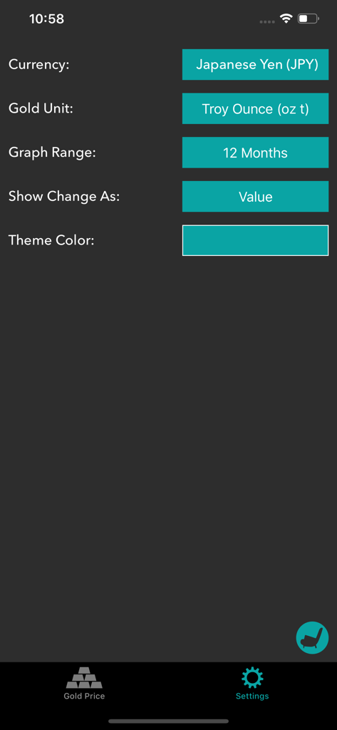Settings screen of the Gold Price Tracker app showing options for currency gold unit and graph range