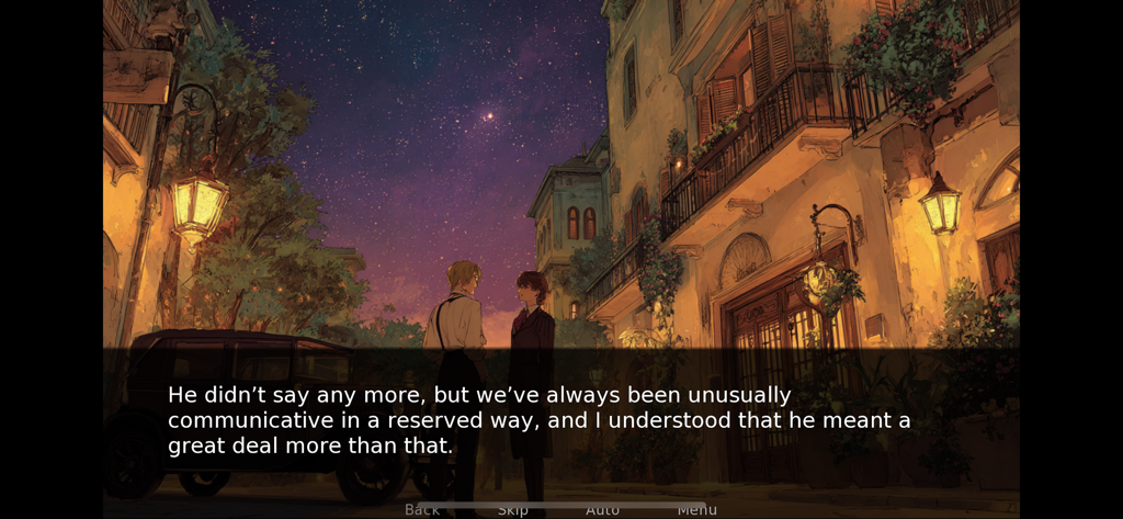 Great Gatsby - Uma cena noturna ilustrada da novela visual Great Gatsby com dois personagens e um carro antigo.