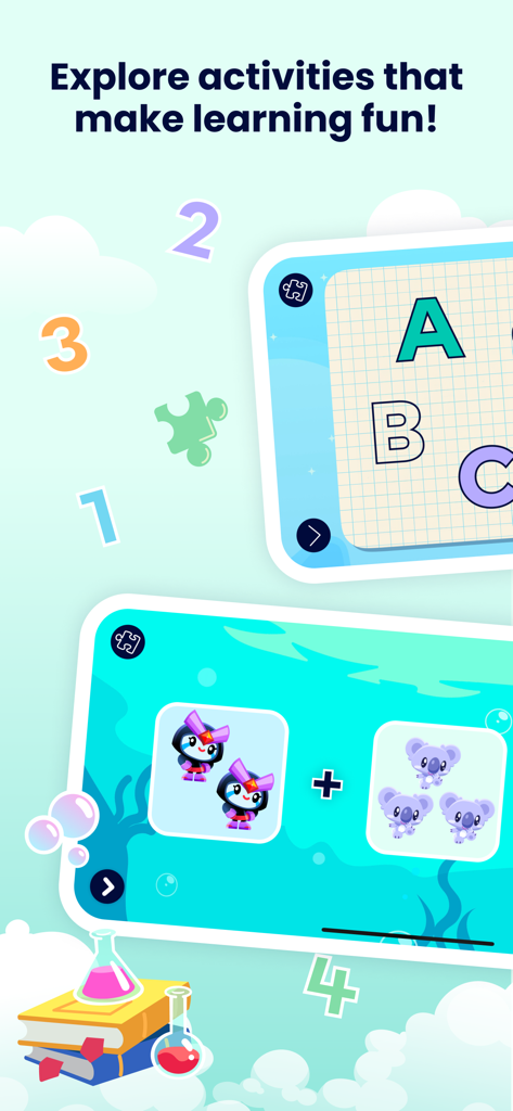 Moshi Kids: Sleep, Relax, Play - Écran éducatif de Moshi Kids montrant des activités interactives d'alphabet et de comptage pour les enfants