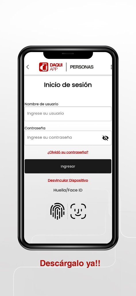 DaquiApp - DaquiApp mobile banking login screen with fields for username and password