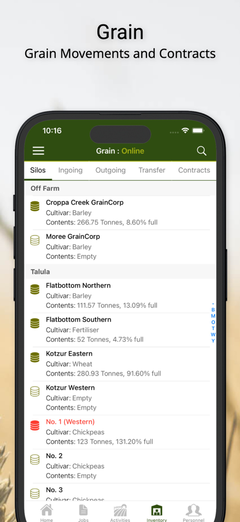 FarmSimple - FarmSimple app interface showing grain silo inventory levels and cultivar details for various farm locations