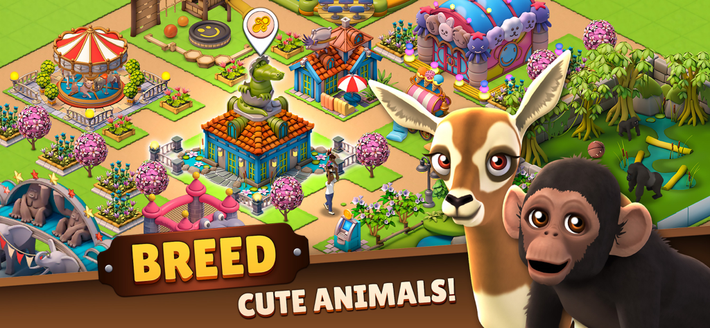Zoo Life: Animal Park Game - Una colorida escena de gestión de zoológico con animales lindos y decoraciones de parque en Zoo Life