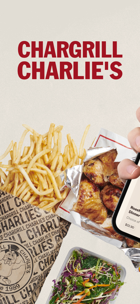Chargrill Charlie's app screen displaying roasted chicken, golden fries, and a fresh salad