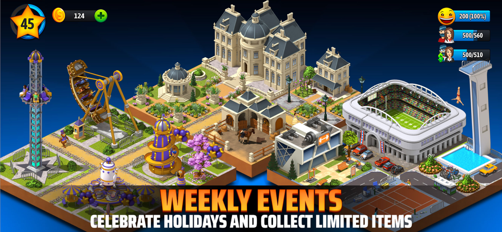 City Island 5: Building Sim - City Island 5 building simulation showing various city structures and weekly event banner