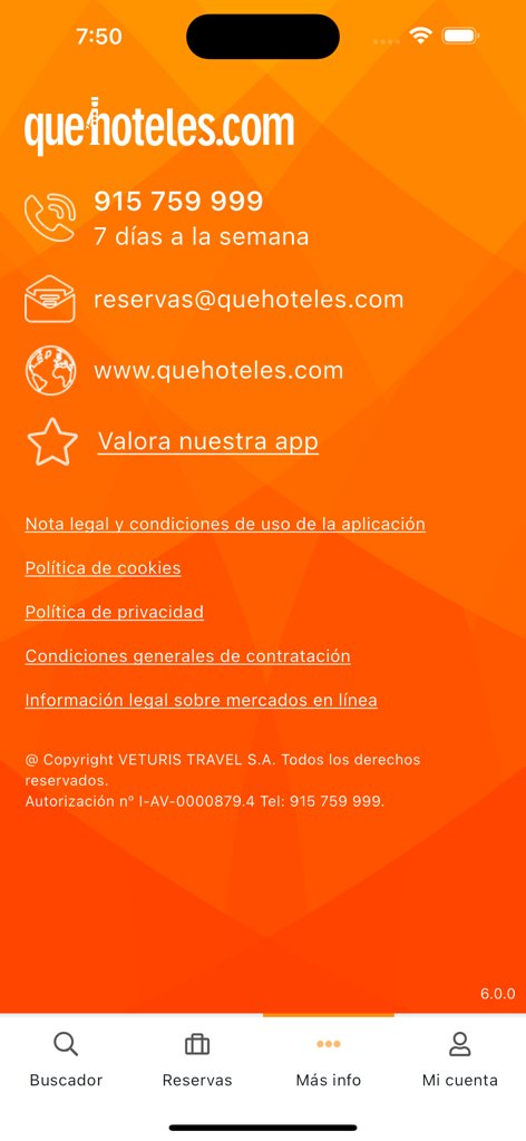 QueHoteles.com - QueHoteles.com app more info screen showing customer support phone number email and legal links in Spanish