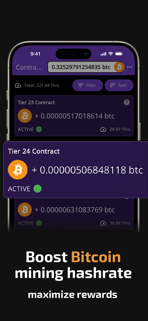 Dashboard, das aktive Bitcoin-Mining-Verträge und den aktuellen Hashrate-Status auf einem mobilen Gerät anzeigt