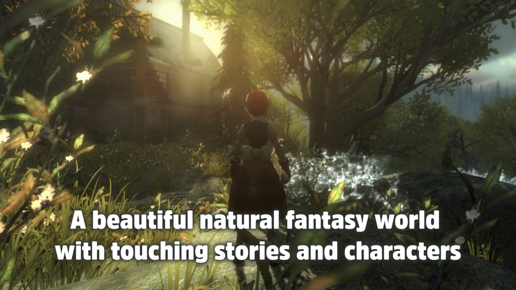 Un personnage explore une forêt fantastique ensoleillée et une cabane rustique dans Nimian Legends BrightRidge HD