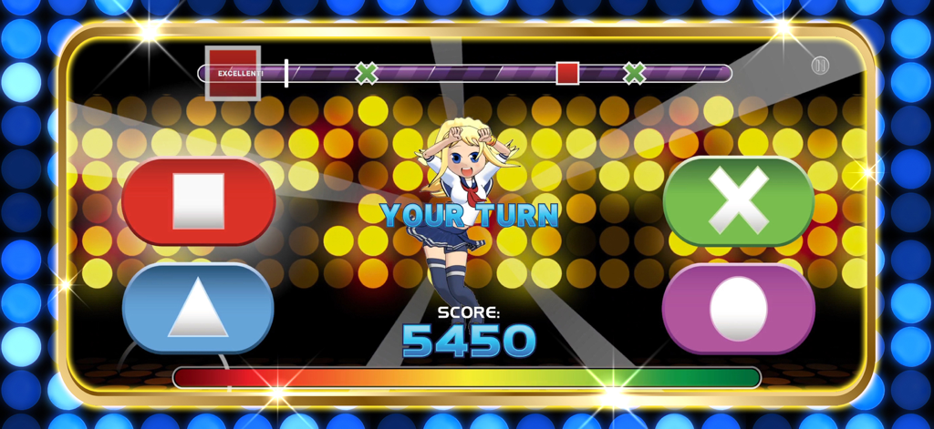 Gameplay of Caramella Girls Game showing an anime character dancing with a rhythm sequence and action buttons