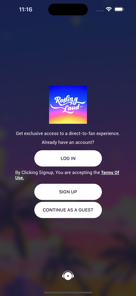 Rolling Loudアプリのウェルカムスクリーン、ログインおよびサインアップボタンが表示されています