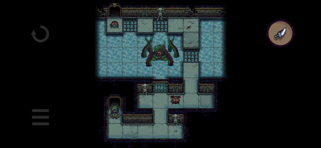 Dungeons of Dreadrock - Vista desde arriba de un nivel de mazmorra en arte de píxeles con un héroe y un monstruo gigante con tentáculos y un ojo.