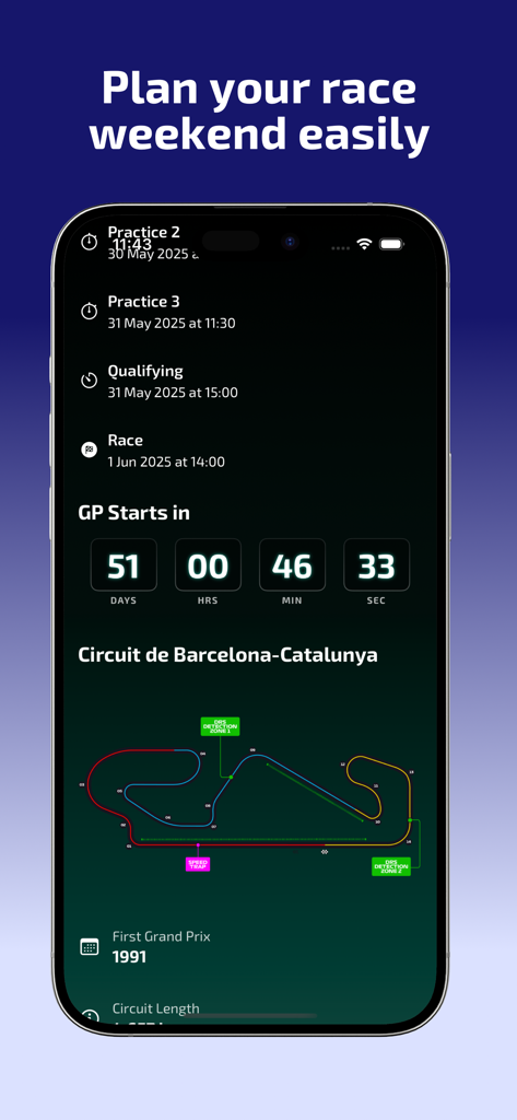 Pit Stop app interface showing F1 race weekend schedule countdown and circuit map details