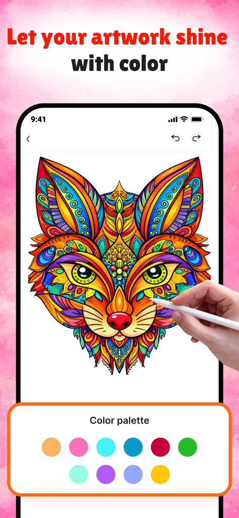 FillColor: Bliss Coloring Book - A hand using a stylus to color a vibrant fox mandala in the FillColor mobile app