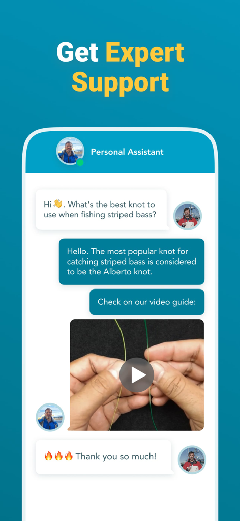 Fishbox-App-Experten-Support-Chat-Oberfläche mit einer Videoanleitung zum Binden von Angelknoten