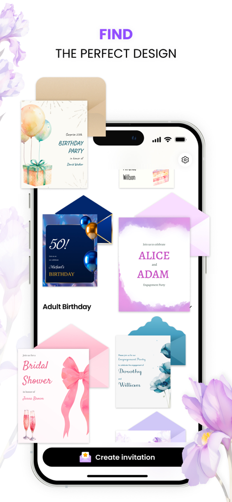 Invitation Maker: AI Invite - Digital invitation templates for birthdays and weddings in the Invitation Maker app interface.