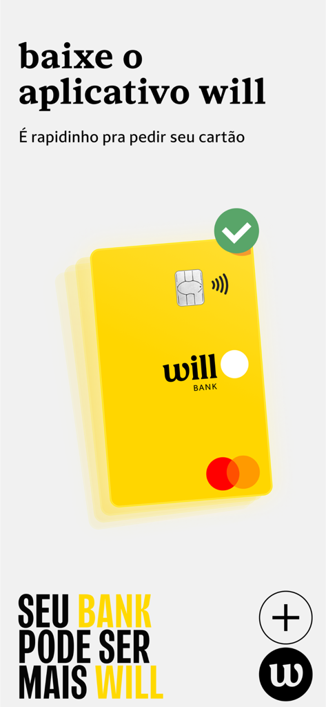 Promotional screen for Banco will showing a yellow Mastercard credit card with a green checkmark and Portuguese text