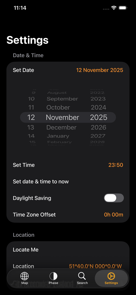 Jupiter Atlas - El menú de configuración de la aplicación Atlas de Júpiter que muestra la configuración para la fecha, hora y ubicación del observador
