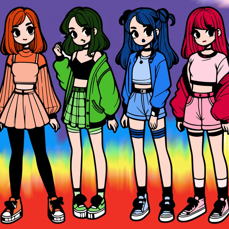 one girl with crop-top shirt and a jacket with a skirt, long socks and another girl with a shirt and pants with a jacket