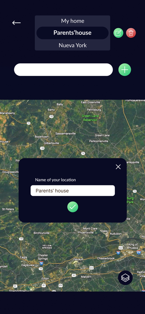 Simple Digital compass for you - Satellite map interface of the Simple Digital compass app with a menu for saved locations