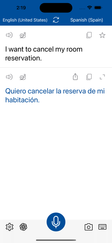 Instant Voice Translate app showing English to Spanish text translation for a room reservation