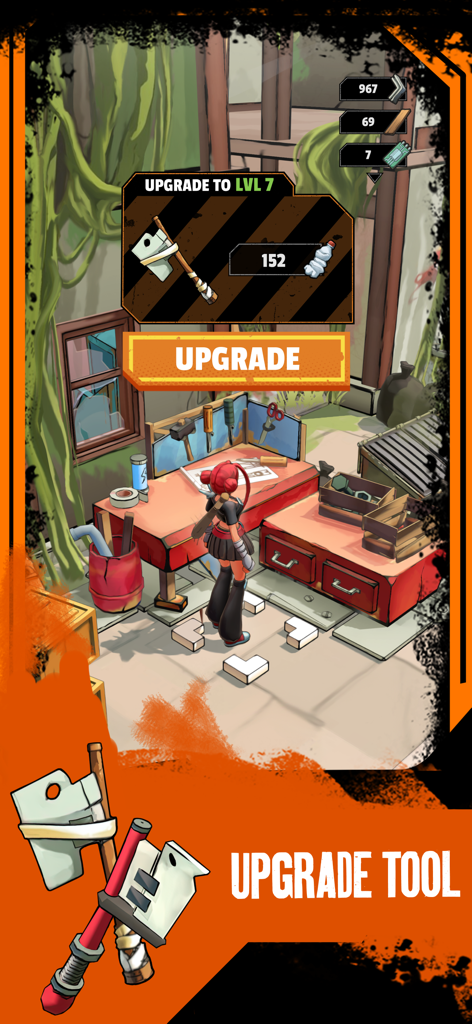 A character at a workbench in Zombiepunk upgrading a survival tool with resources