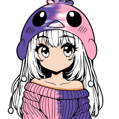 anime girl with chick shaped hat with sweater with bare shoulders with bangs covering them one eye with low tail