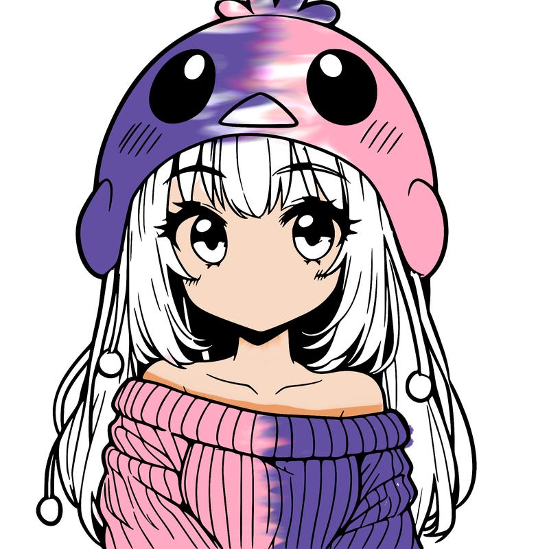 anime girl with chick shaped hat with sweater with bare shoulders with bangs covering them one eye with low tail
