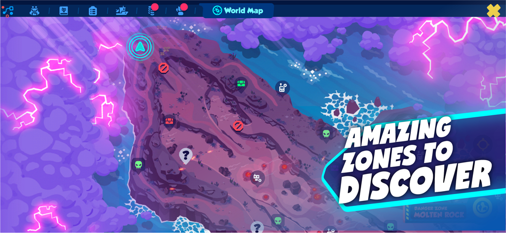 Botworld Adventure - A top down view of the Botworld Adventure world map showing different zones to discover with location markers