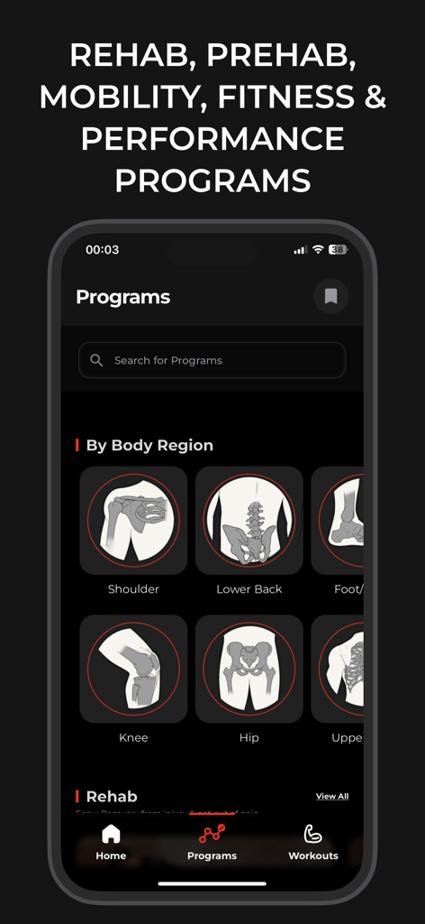 Screenshot of the Prehab app showing exercise programs categorized by body regions such as shoulder, lower back, knee, and hip.