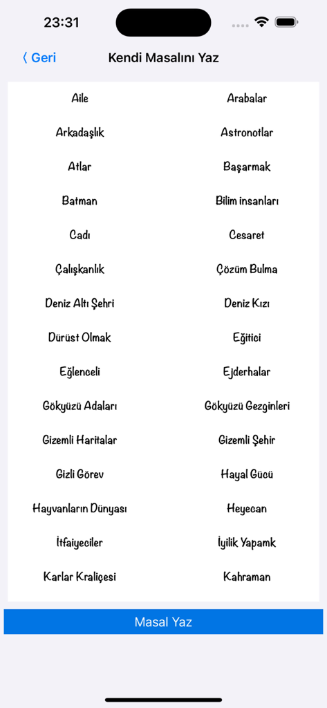 A list of Turkish story topics and themes for the AI story generator feature in the Masal Oku app
