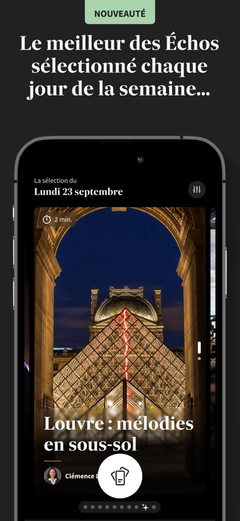 Interface du briefing quotidien de l'application mobile Les Echos affichant un article vedette en mode sombre.