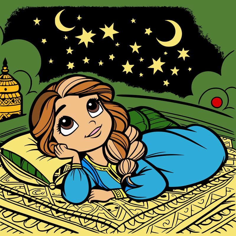 a princess lying on her back on a blanket, looking up at the stars with a dreamy expression.