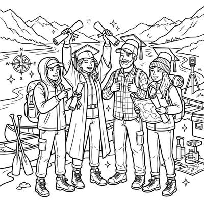 Mark a monumental milestone with our unique River Explorers Graduation coloring page. This design captures the joy of achievement as future adventurers celebrate their academic success amidst the beauty of nature.